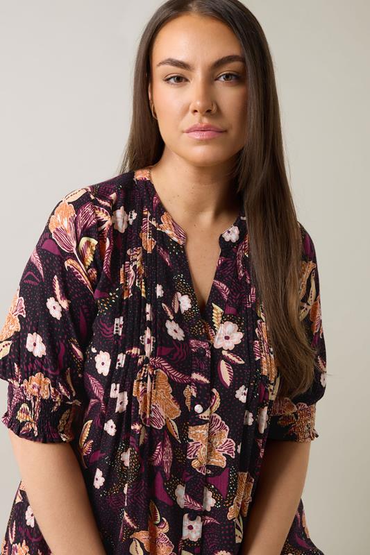 Evans EVANS Curve Purple Floral Print Pintuck Blouse