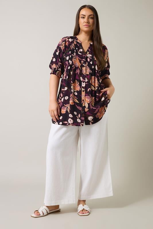 Evans EVANS Curve Purple Floral Print Pintuck Blouse