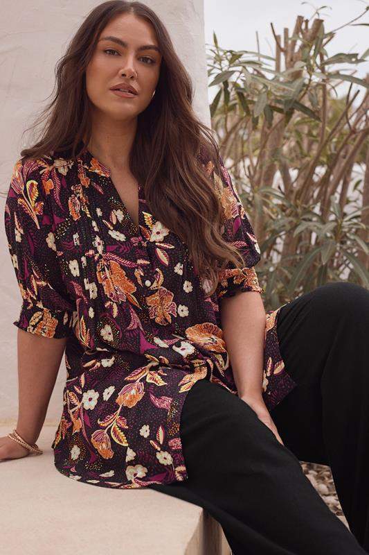 evans EVANS Curve Purple Floral Print Pintuck Blouse