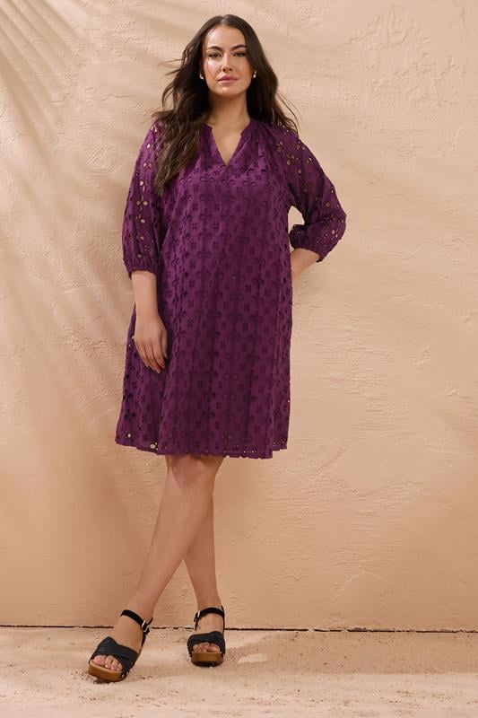 Evans EVANS Curve Purple Long Sleeve Broderie Dress