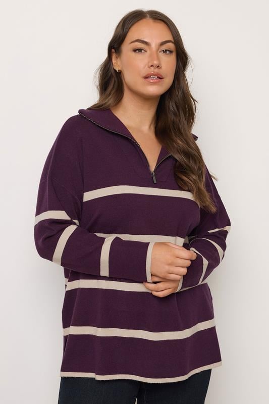 Evans EVANS Curve Purple & White Stripe Quarter Zip Jumper