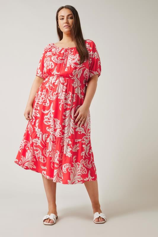 Evans EVANS Curve Red Abstract Print Tiered Midi Dress