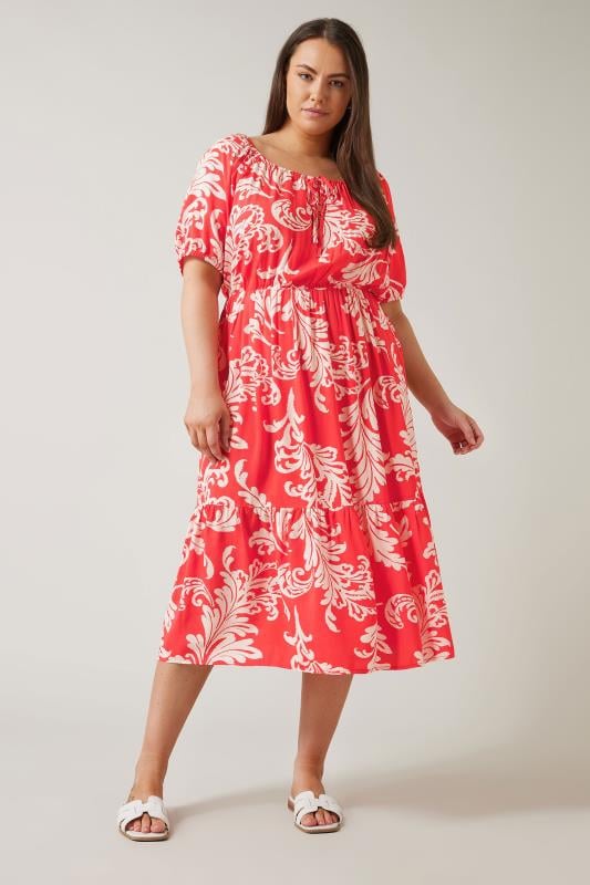 evans EVANS Curve Red Abstract Print Tiered Midi Dress