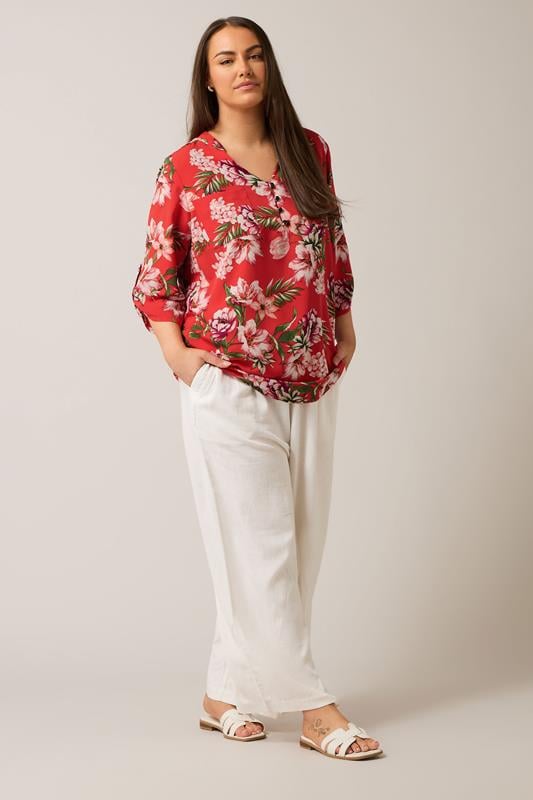 Evans EVANS Curve Red Floral Print Button Detail Blouse