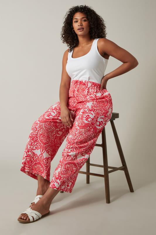 Evans EVANS Curve Red & White Paisley Print Wide Leg Trousers