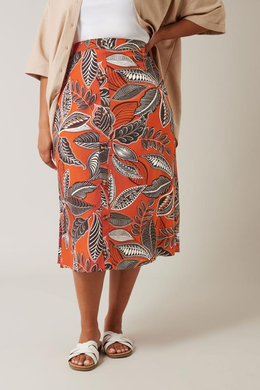 Evans EVANS Curve Rust Orange Leaf Print Linen Midi Skirt