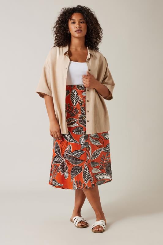 Evans EVANS Curve Rust Orange Leaf Print Linen Midi Skirt
