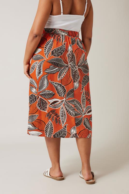Evans EVANS Curve Rust Orange Leaf Print Linen Midi Skirt