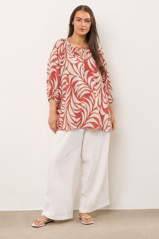 Evans EVANS Curve Rust Orange Leaf Print Tie Neck Blouse