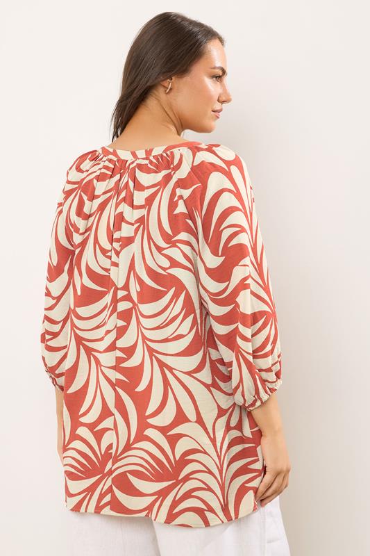 Evans EVANS Curve Rust Orange Leaf Print Tie Neck Blouse