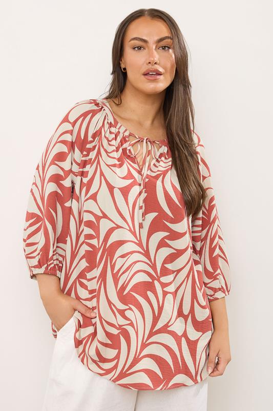 evans EVANS Curve Rust Orange Leaf Print Tie Neck Blouse