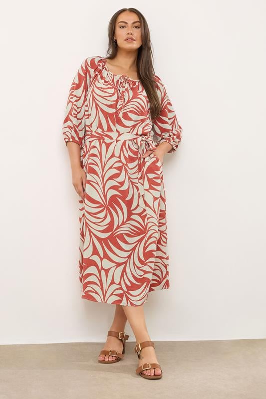 Evans EVANS Curve Rust Orange Leaf Print Tie Neck Dress