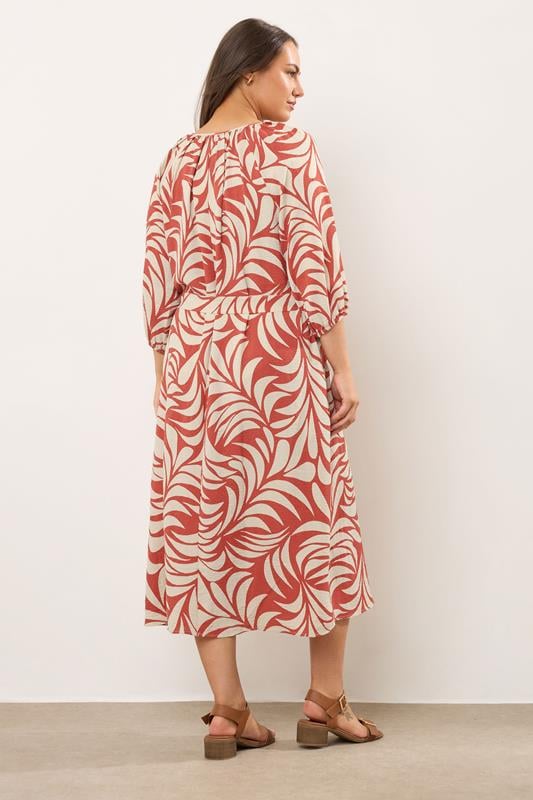 Evans EVANS Curve Rust Orange Leaf Print Tie Neck Dress