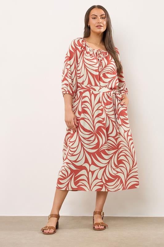 evans EVANS Curve Rust Orange Leaf Print Tie Neck Dress