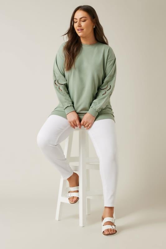Evans EVANS Curve Sage Green Cutwork Crew Neck Sweatshirt
