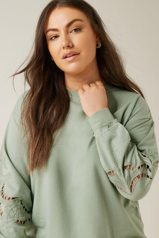 Evans EVANS Curve Sage Green Cutwork Crew Neck Sweatshirt