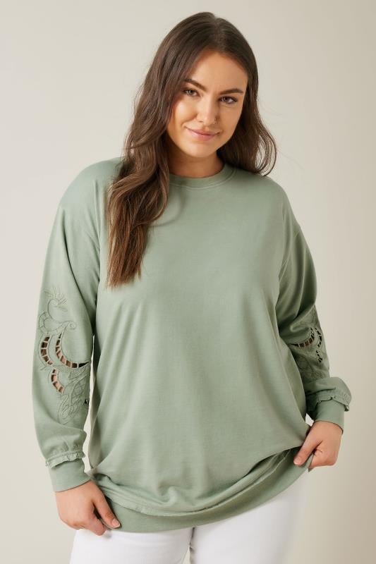 evans EVANS Curve Sage Green Cutwork Crew Neck Sweatshirt