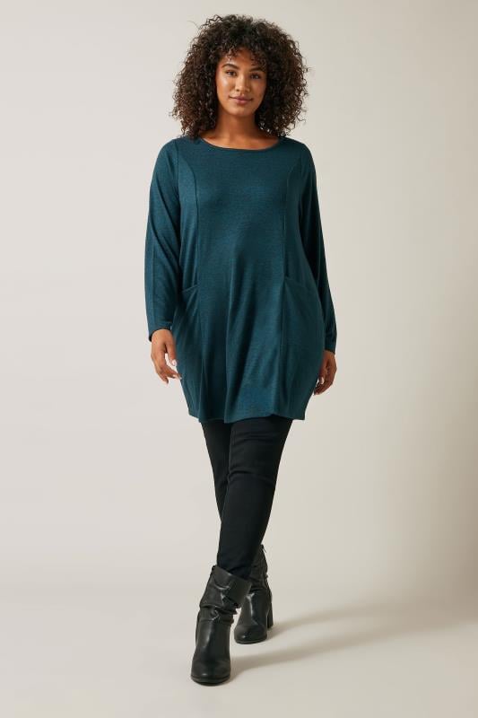 Evans EVANS Curve Teal Blue Pocket Front Longline Top