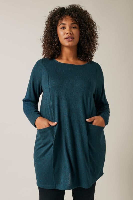 evans EVANS Curve Teal Blue Pocket Front Longline Top