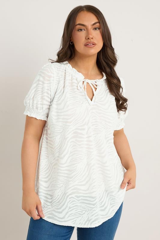 Evans EVANS Curve White Burnout Print Tie Neck Blouse