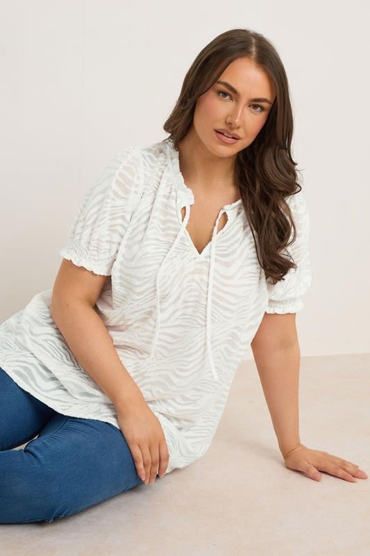 evans EVANS Curve White Burnout Print Tie Neck Blouse