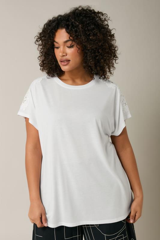 Evans EVANS Curve White Crochet Shoulder Modal Rich T-Shirt
