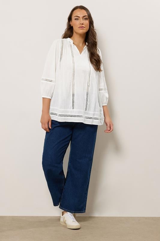 Evans EVANS Curve White Crochet Trim Tie Neck Blouse