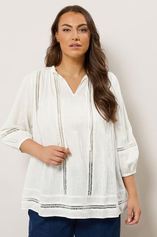 evans EVANS Curve White Crochet Trim Tie Neck Blouse