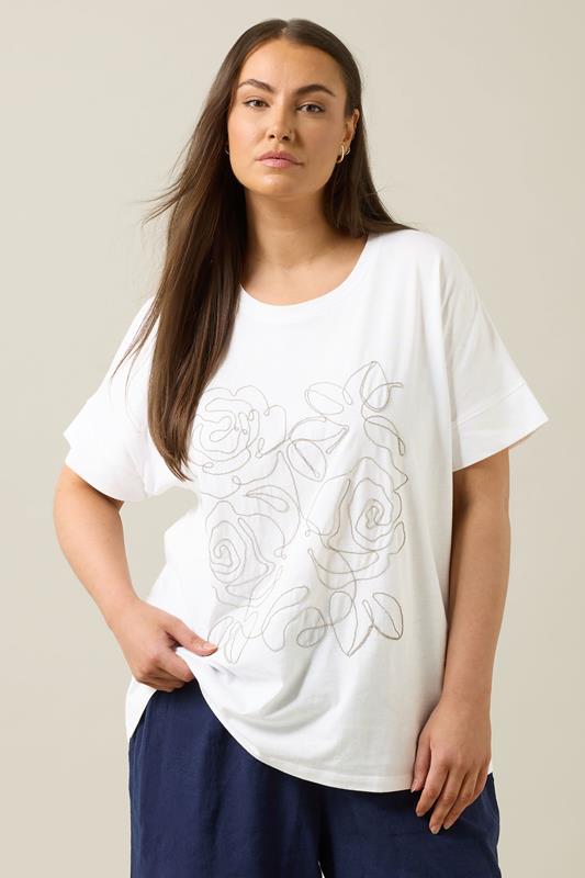 Evans EVANS Curve White Floral Chain Detail Cotton T-Shirt