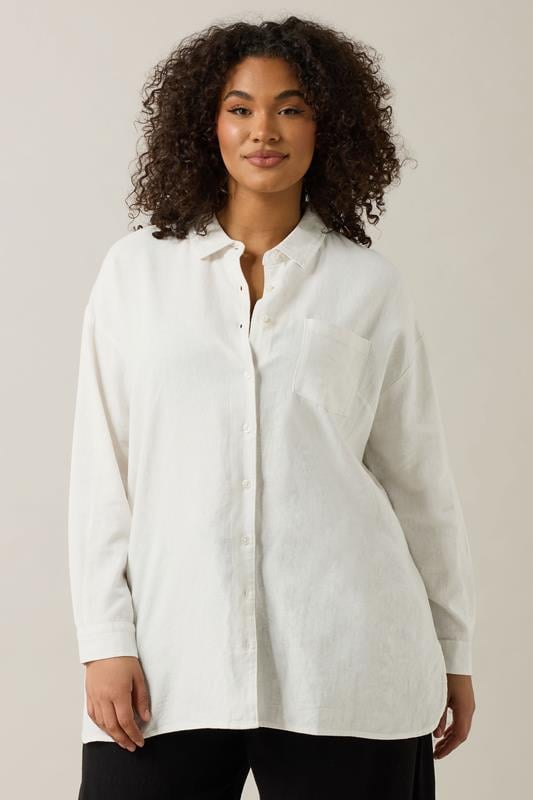 Evans EVANS Curve White Long Sleeve Premium Linen Shirt