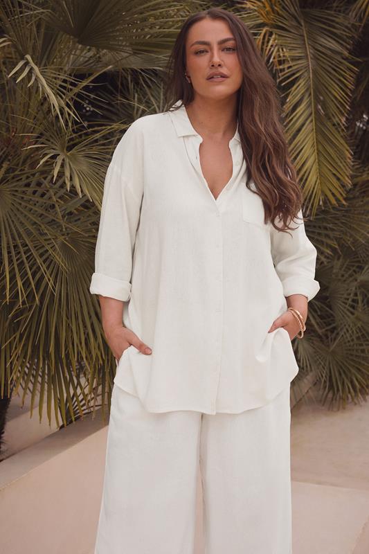 evans EVANS Curve White Long Sleeve Premium Linen Shirt