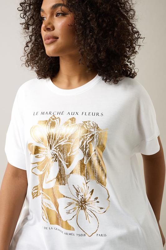 Evans EVANS Curve White Metallic Floral Print Modal Rich T-Shirt
