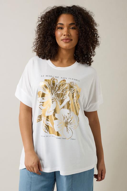 evans EVANS Curve White Metallic Floral Print Modal Rich T-Shirt