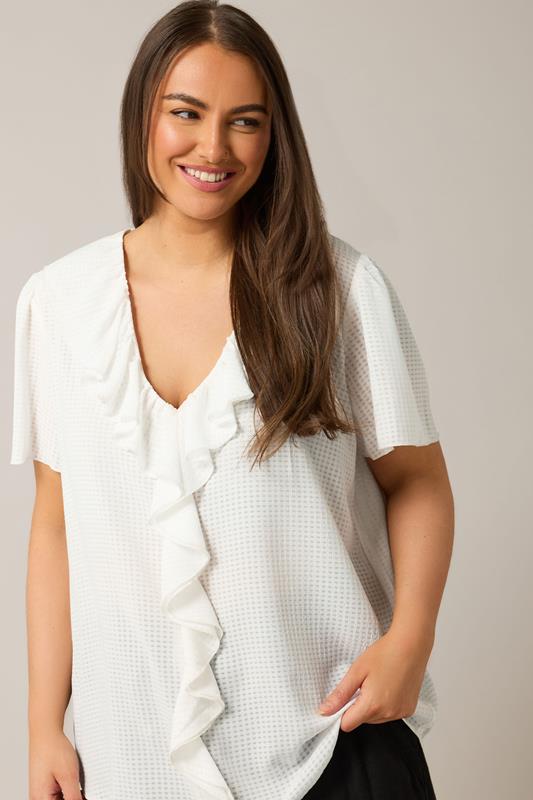 Evans EVANS Curve White Ruffle Neck Short Sleeve Blouse