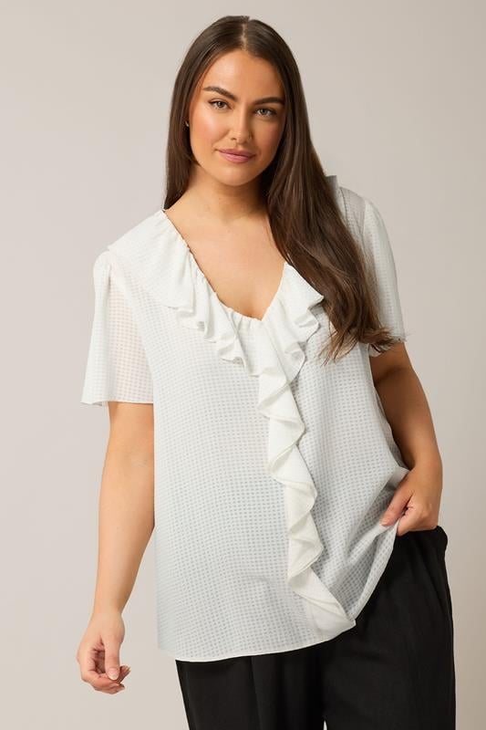 evans EVANS Curve White Ruffle Neck Short Sleeve Blouse