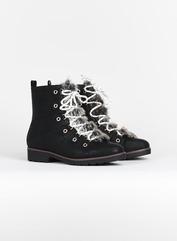 Evans Evans Black WIDE FIT Faux Fur Hiker Boot