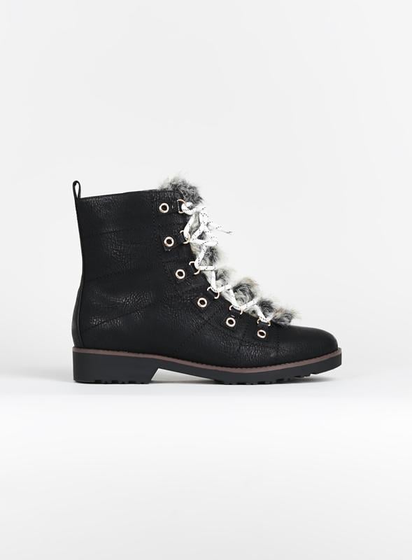 evans Evans Black WIDE FIT Faux Fur Hiker Boot