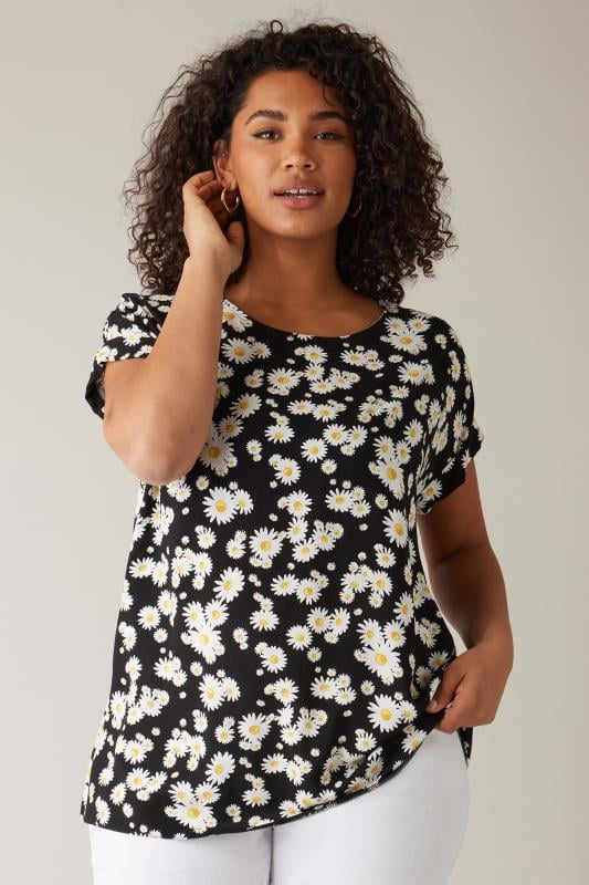 evans EVANS Curve Black Daisy Print Blouse