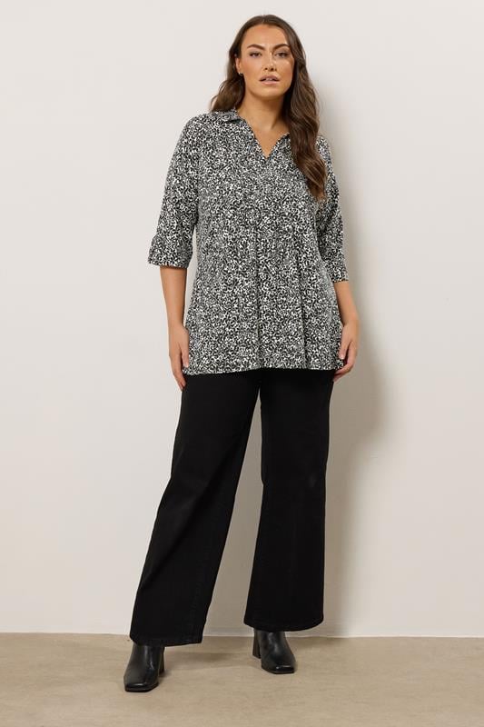 Evans EVANS Curve Black Floral Pintuck Henley Top