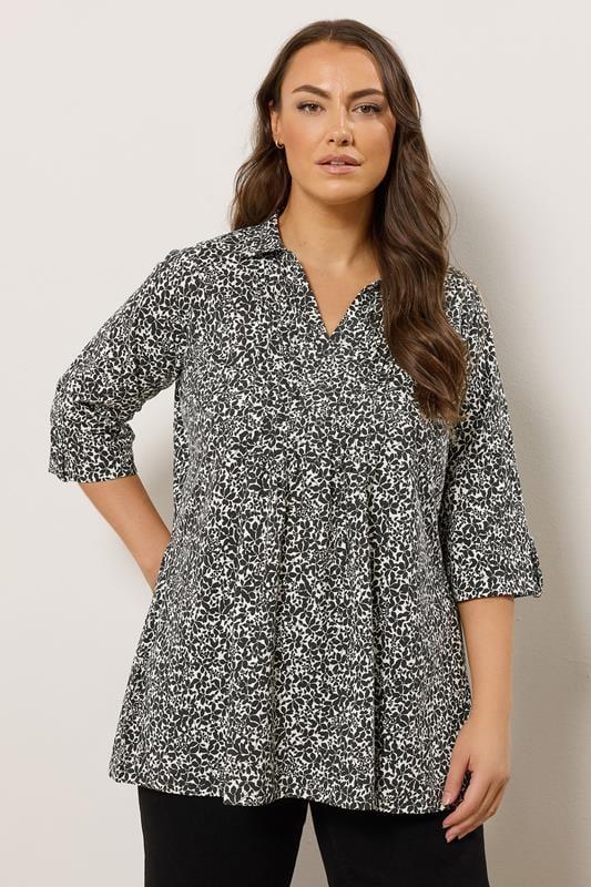 evans EVANS Curve Black Floral Pintuck Henley Top