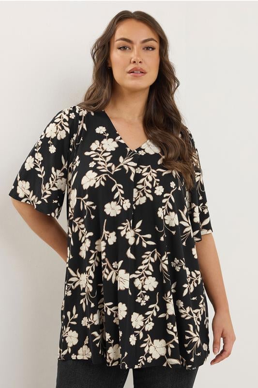 Evans EVANS Curve Black Floral Pleat Swing Top