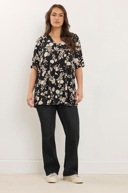 Evans EVANS Curve Black Floral Pleat Swing Top