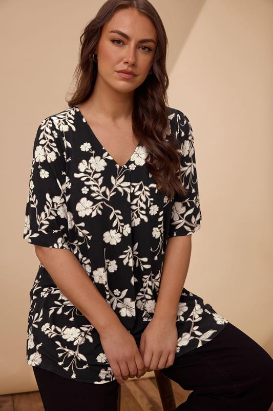 evans EVANS Curve Black Floral Pleat Swing Top