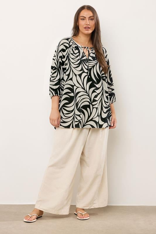 Evans EVANS Curve Black Leaf Print Tie Neck Blouse