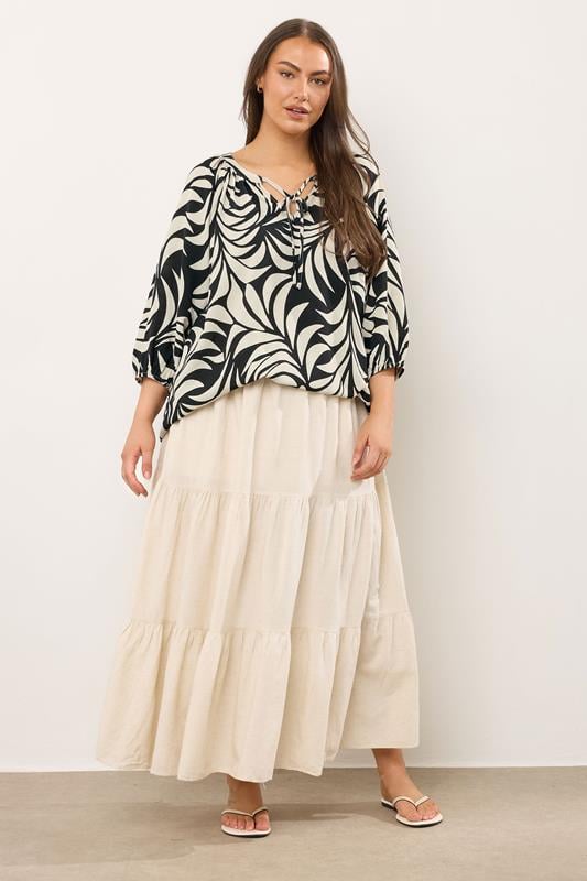 Evans EVANS Curve Black Leaf Print Tie Neck Blouse