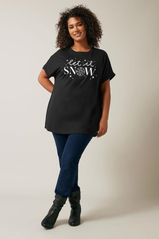 Evans EVANS Curve Black 'Let It Snow' Slogan T-Shirt