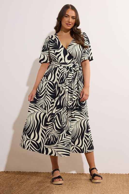 Evans EVANS Curve Black Palm Print Wrap Midi Dress
