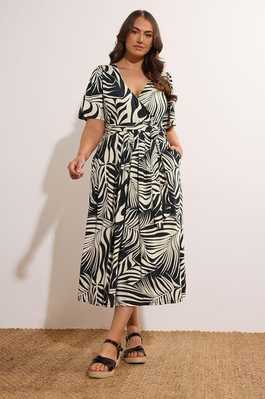 evans EVANS Curve Black Palm Print Wrap Midi Dress