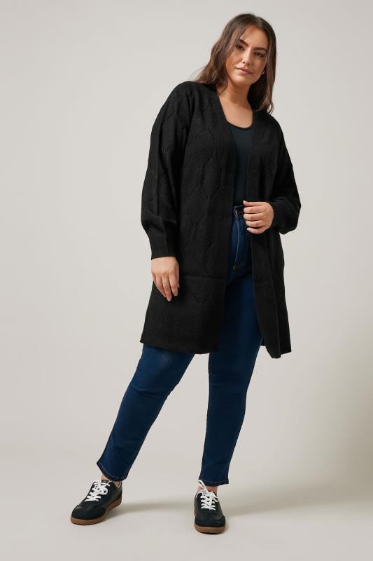 Evans EVANS Curve Black Pointelle Knitted Cardigan