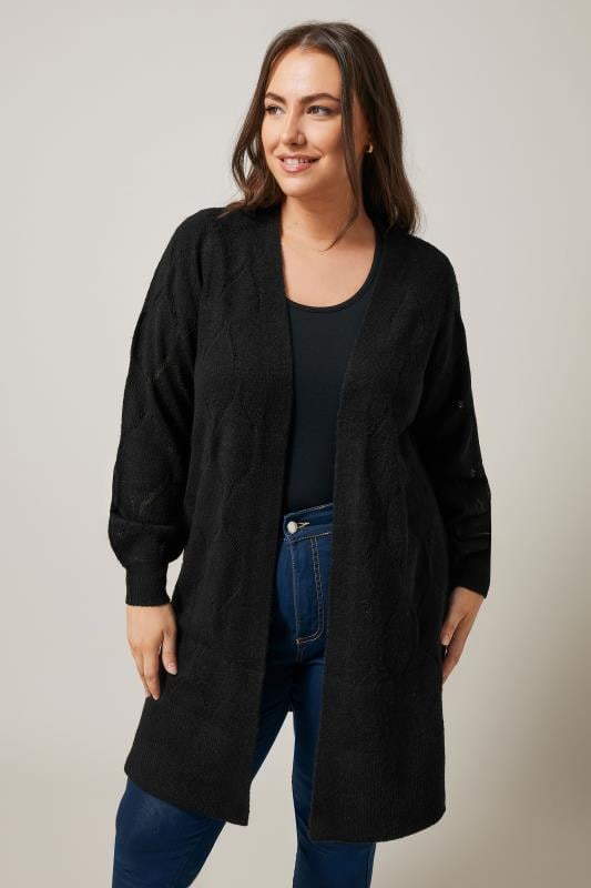 evans EVANS Curve Black Pointelle Knitted Cardigan